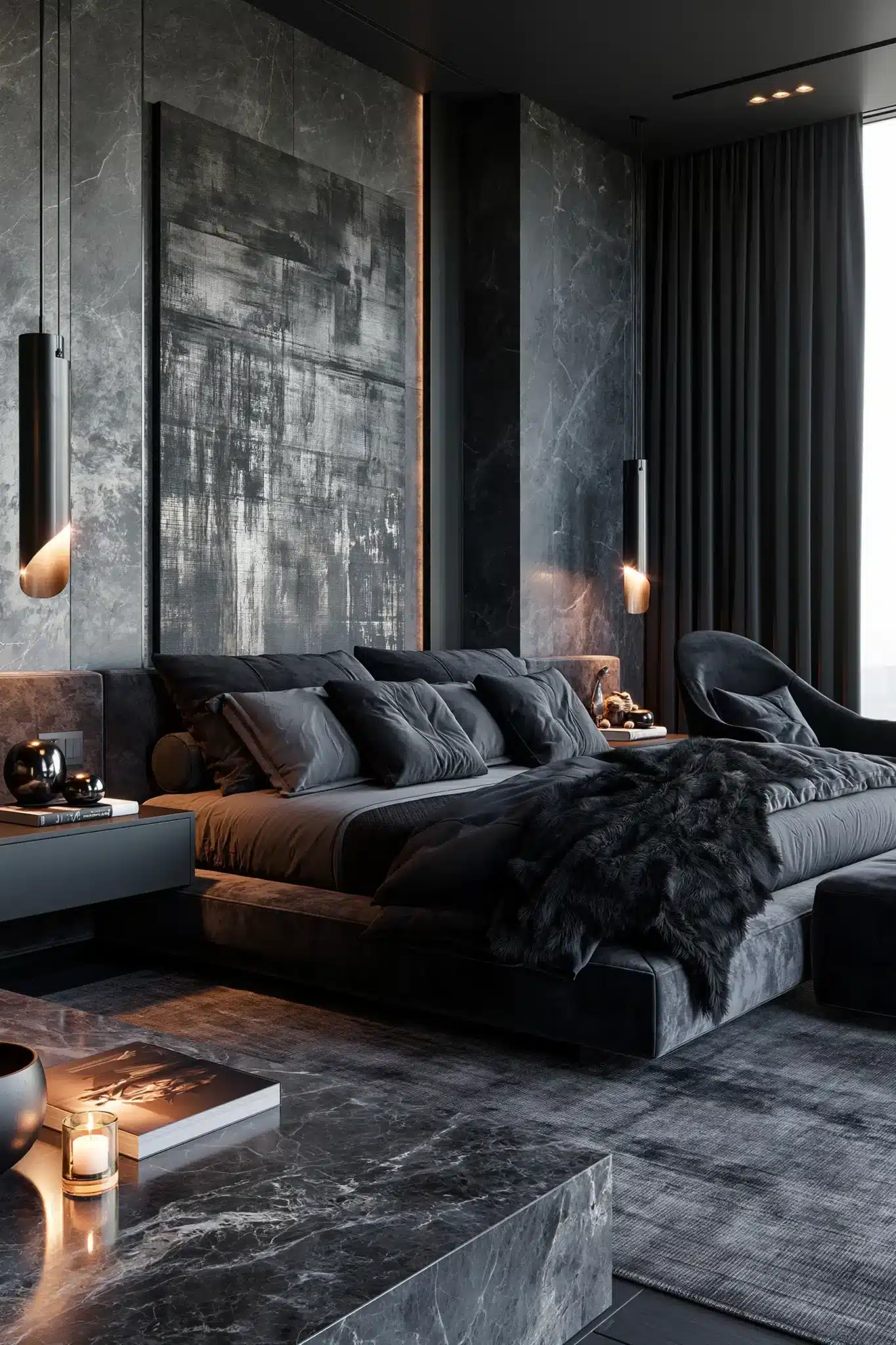 A sleek gothic bedroom in layered black and gray with modern lighting