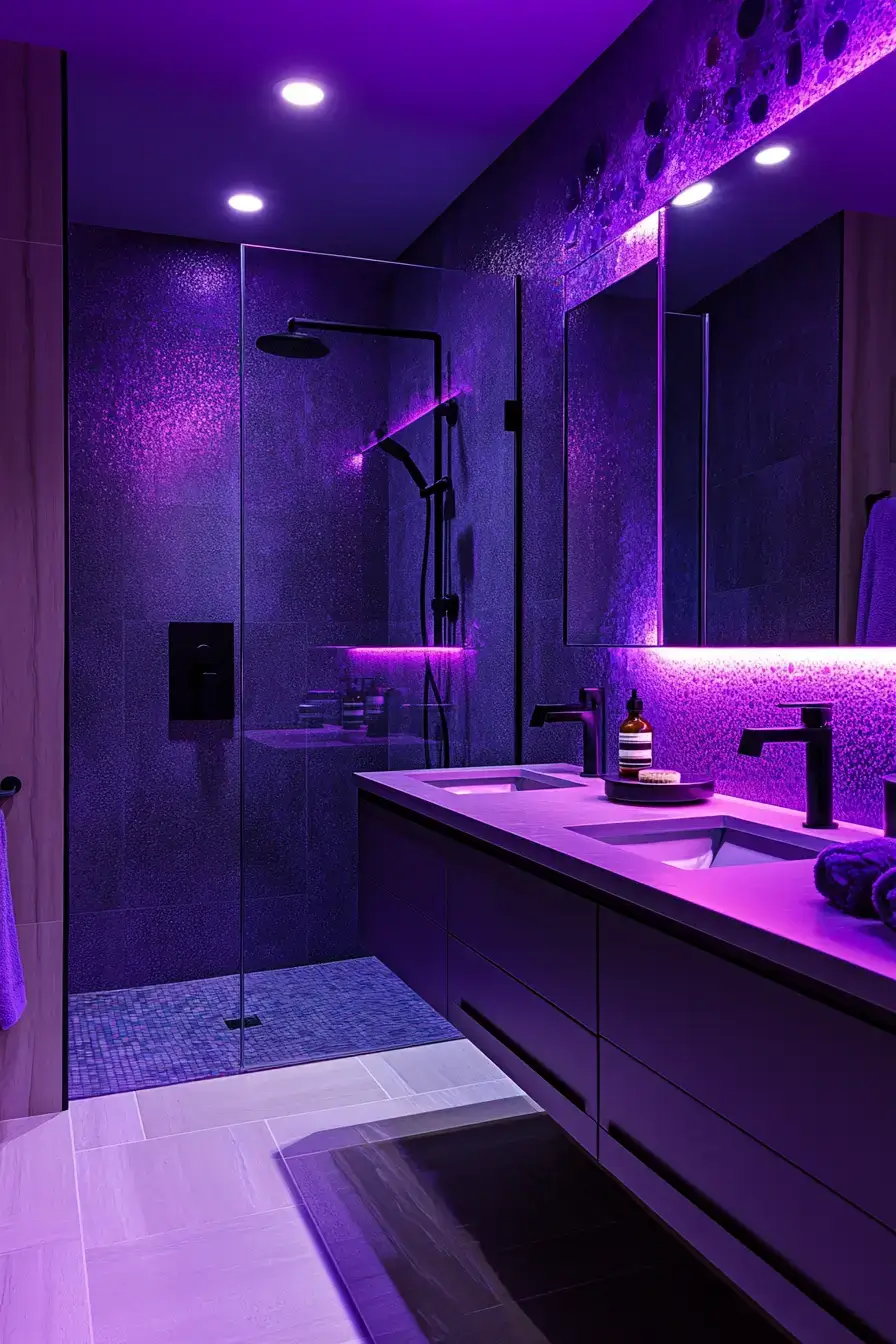 A sleek modern bathroom with deep purple walls and minimalist fixtures