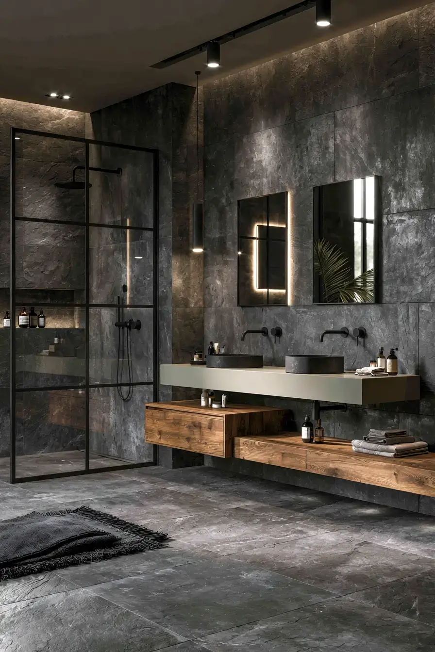 Modern bathroom with slate surfaces, light cabinetry, and clean lines