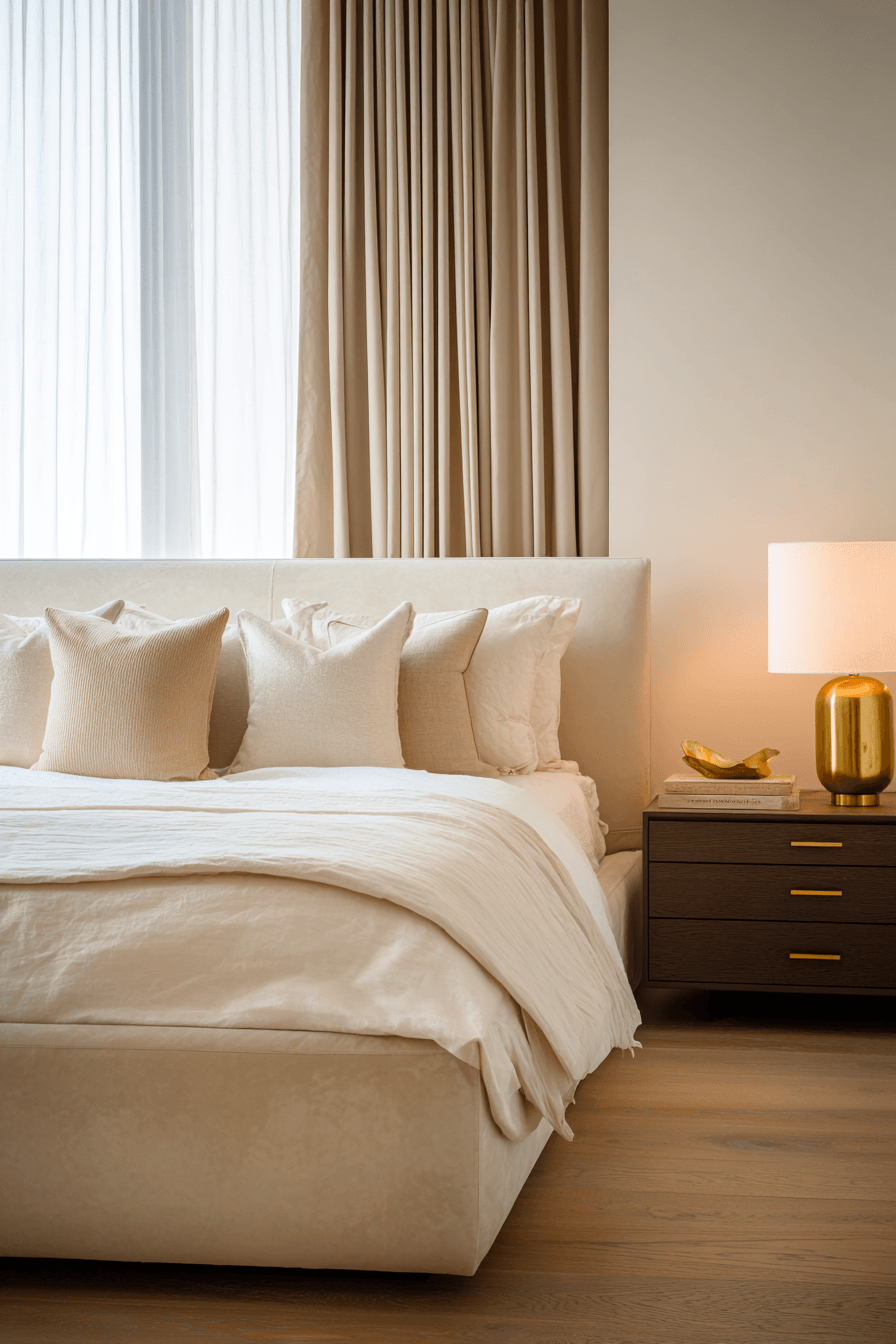 Warm minimalist bedroom with sleek lines, warm wood, and creamy fabrics