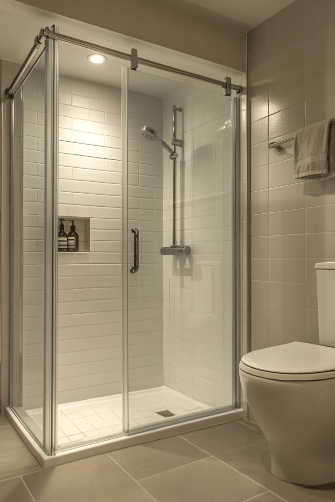 Space-saving walk-in shower with a sliding door.