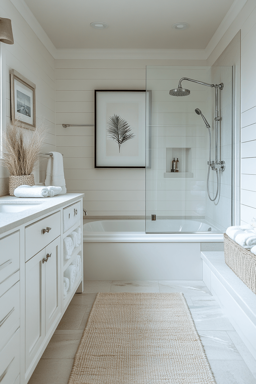 Small coastal bathroom with space-saving storage, light colors, and a bright open feel