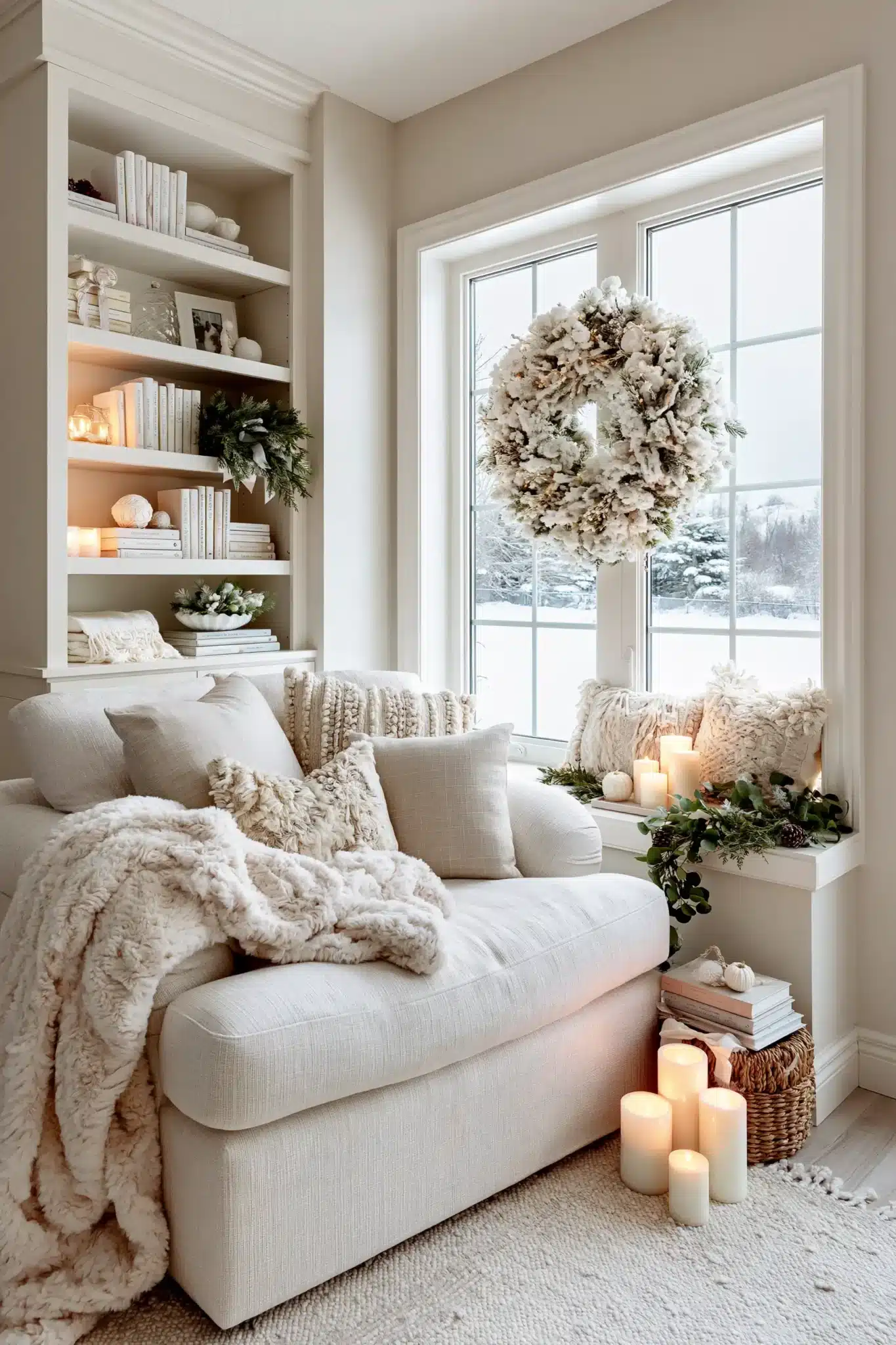Cozy small corner styled with white Christmas decor, pillows, blankets, and glowing candles