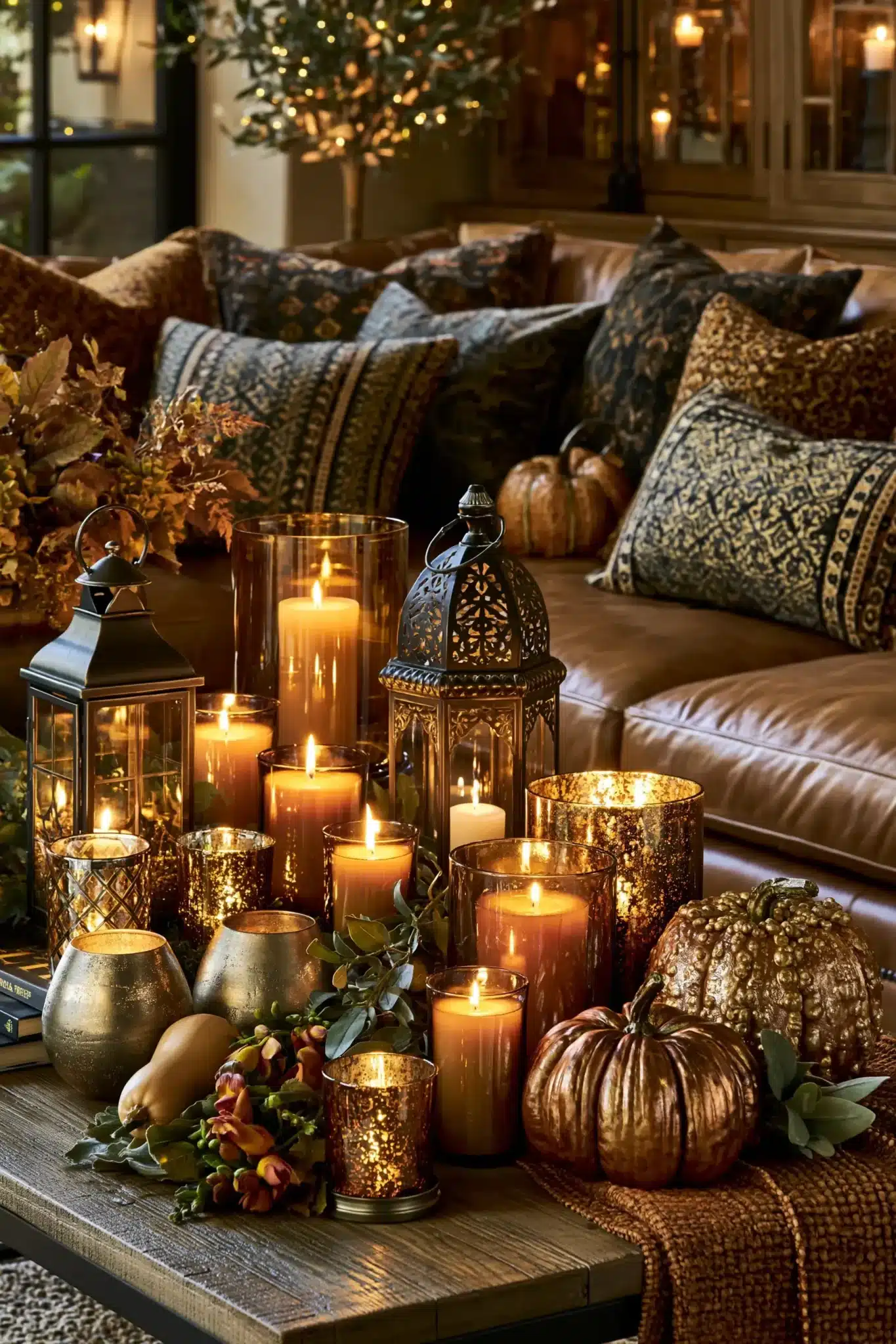 A cozy corner styled with amber candles, lanterns, greenery, and warm accents.
