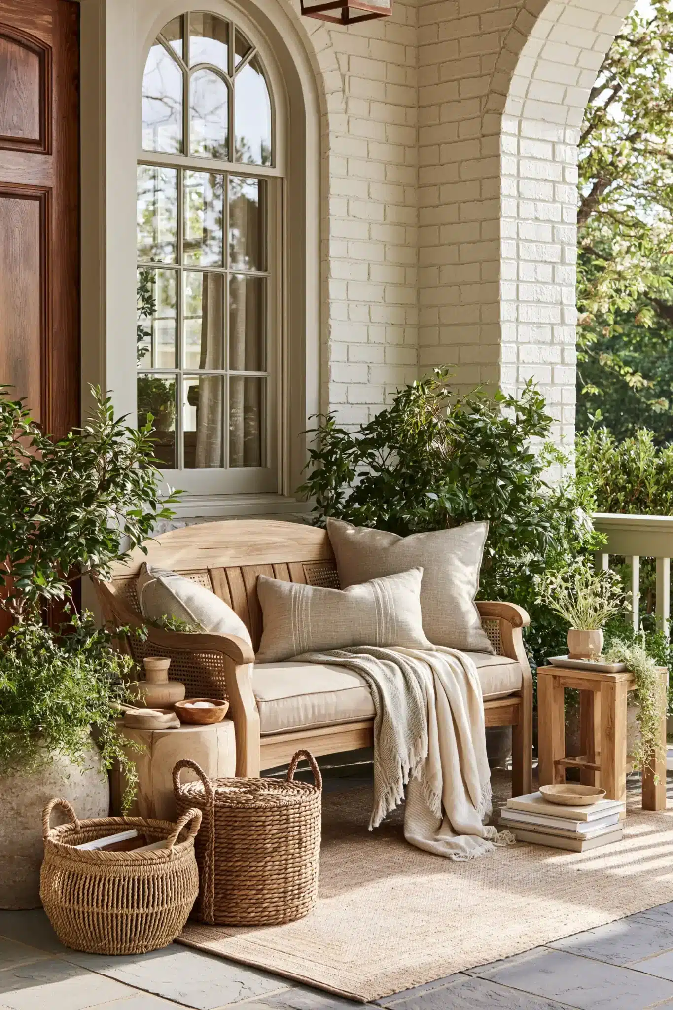 A cozy small spring porch corner with seating, greenery, and relaxed natural decor.