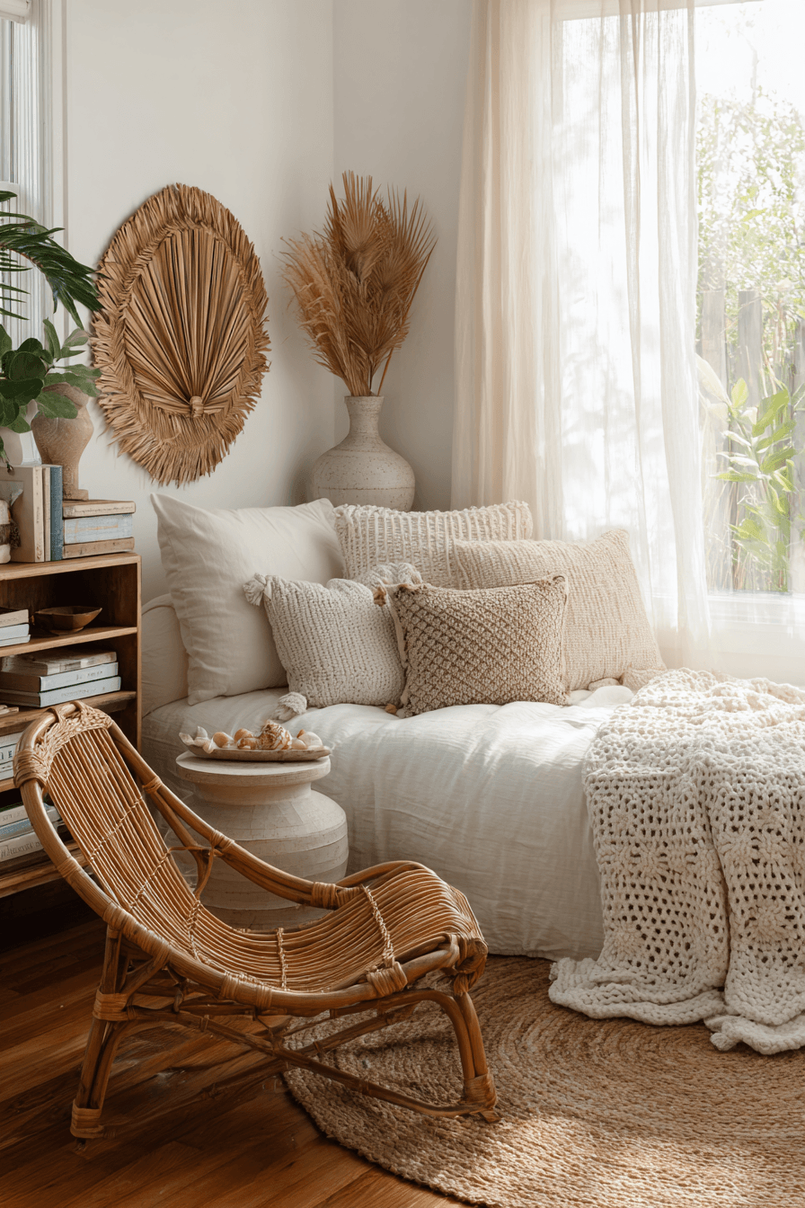 Small beachy boho bedroom nook with linen bedding, woven baskets, open shelving, and rattan lighting
