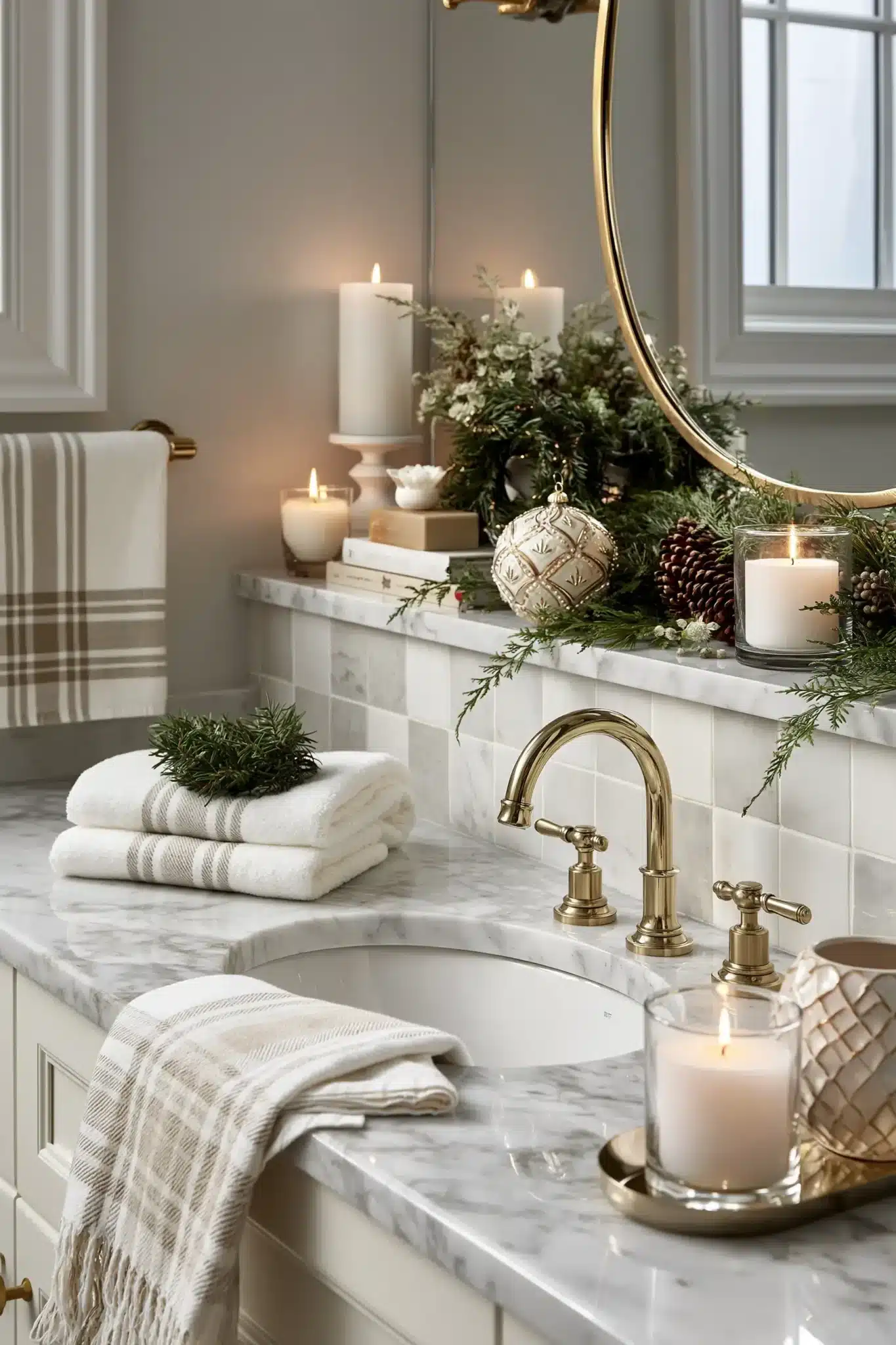 A powder room decorated with small-scale Christmas accents