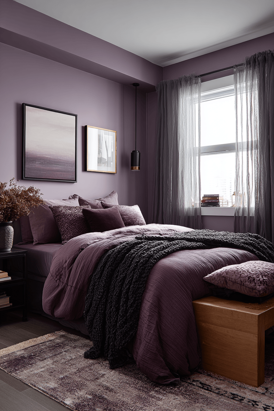 Layered smoky purple bedroom with textured bedding and moody tones