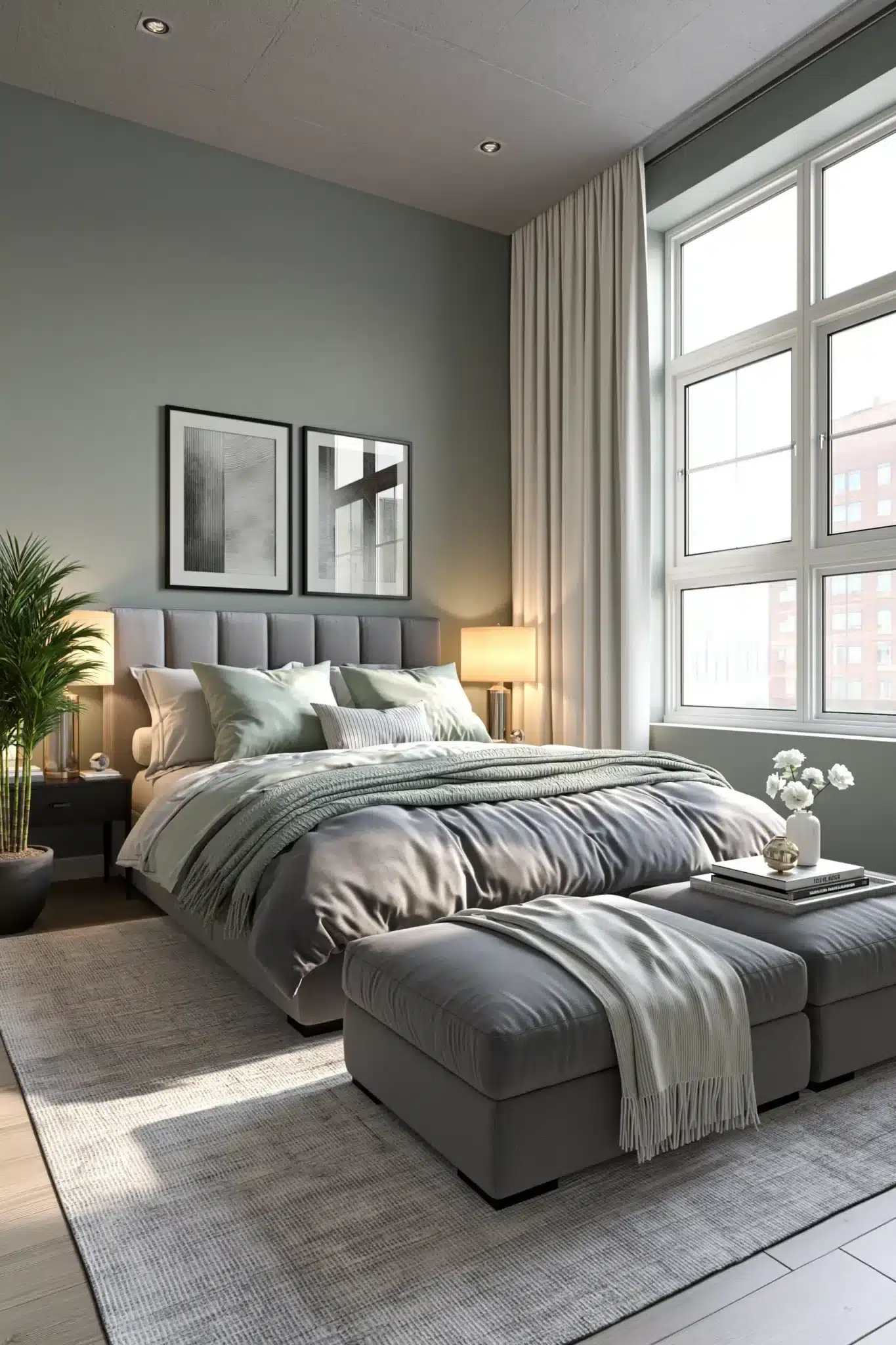 Smoky grey and sage bedroom with upholstered furniture, elegant curtains, and warm lighting