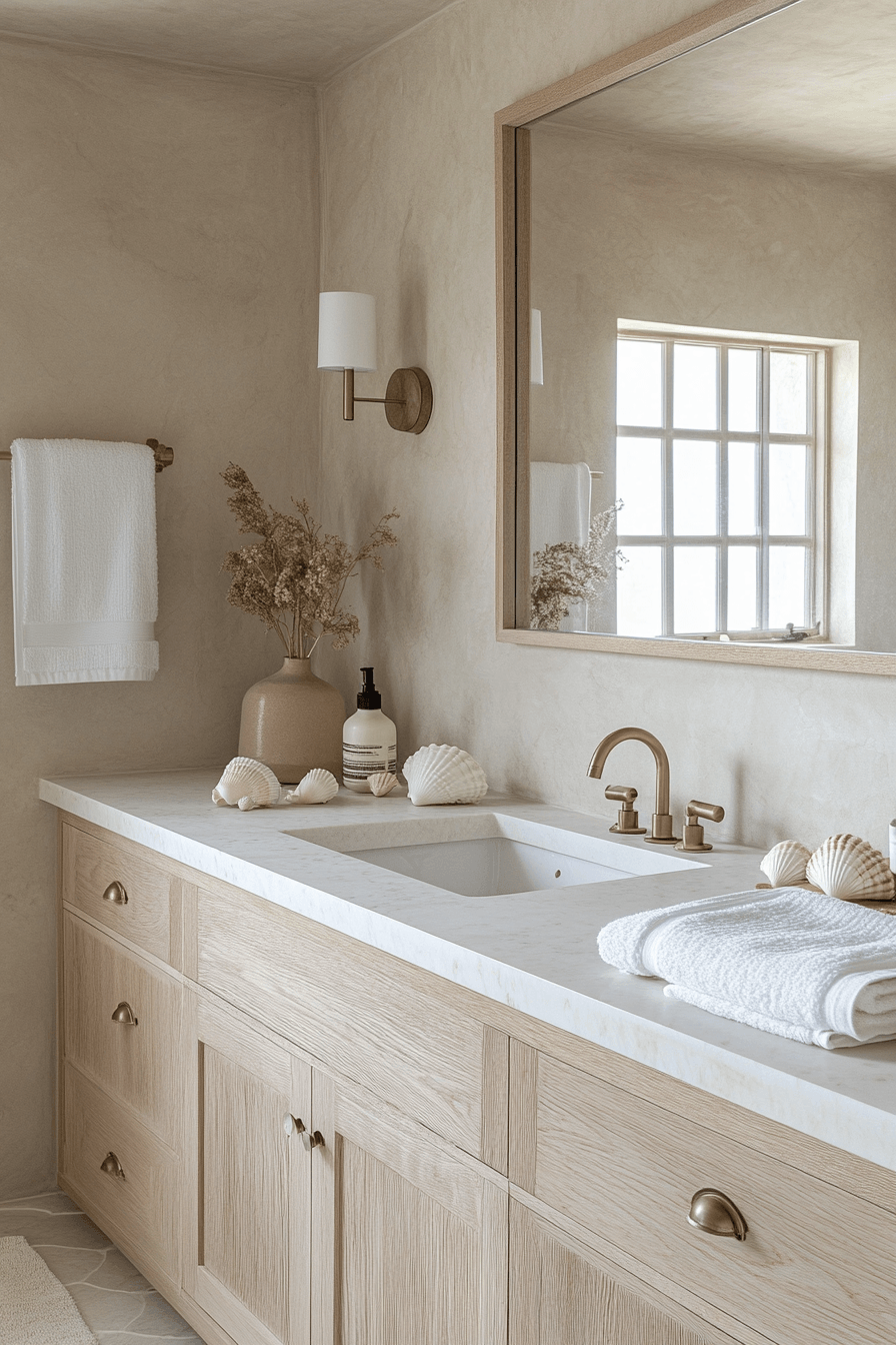 Beachy bathroom with shell-inspired tiles, pebble textures, and soft coastal tones