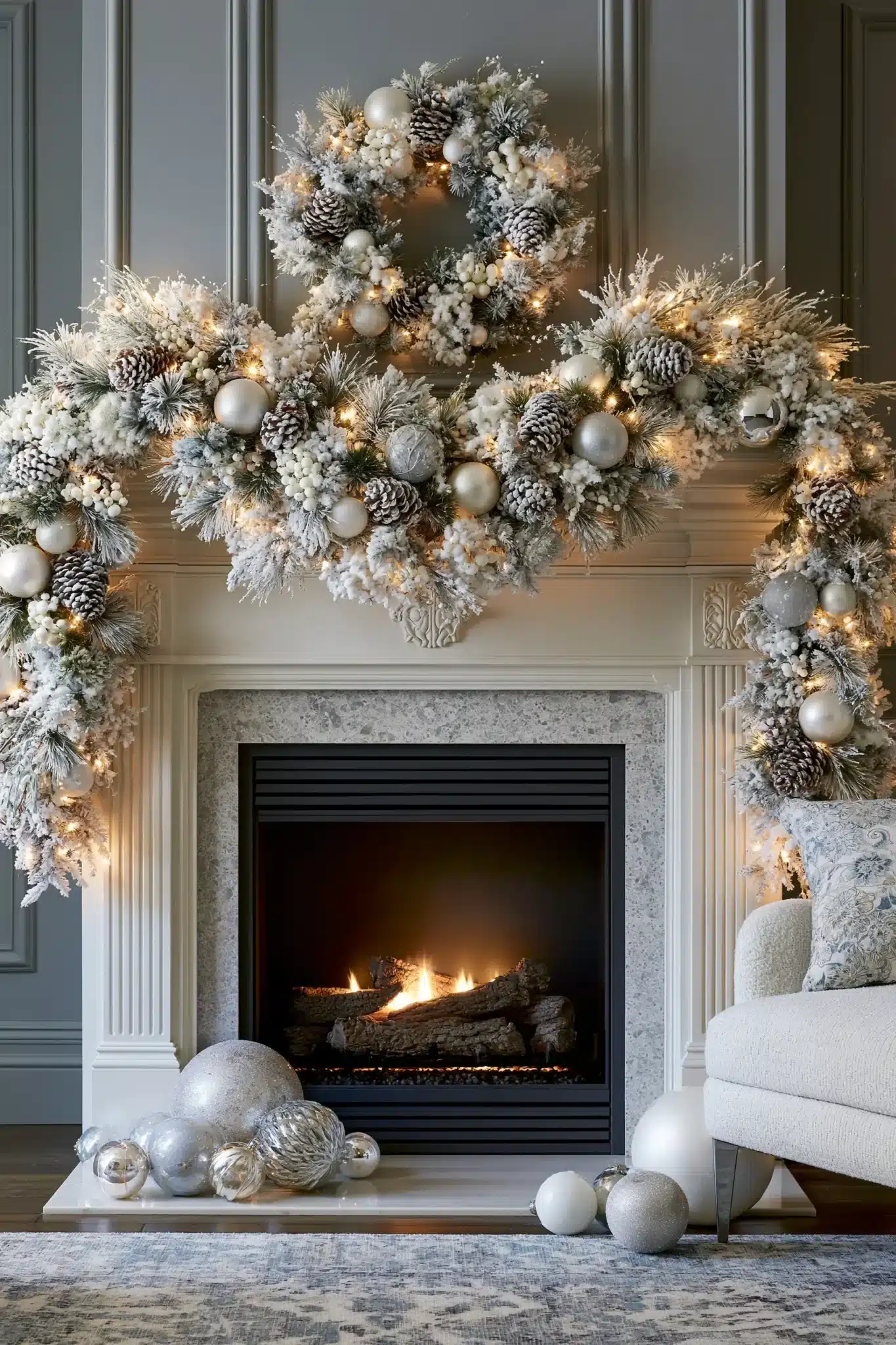 Frosted Christmas garland styled across a mantel with lights and berries