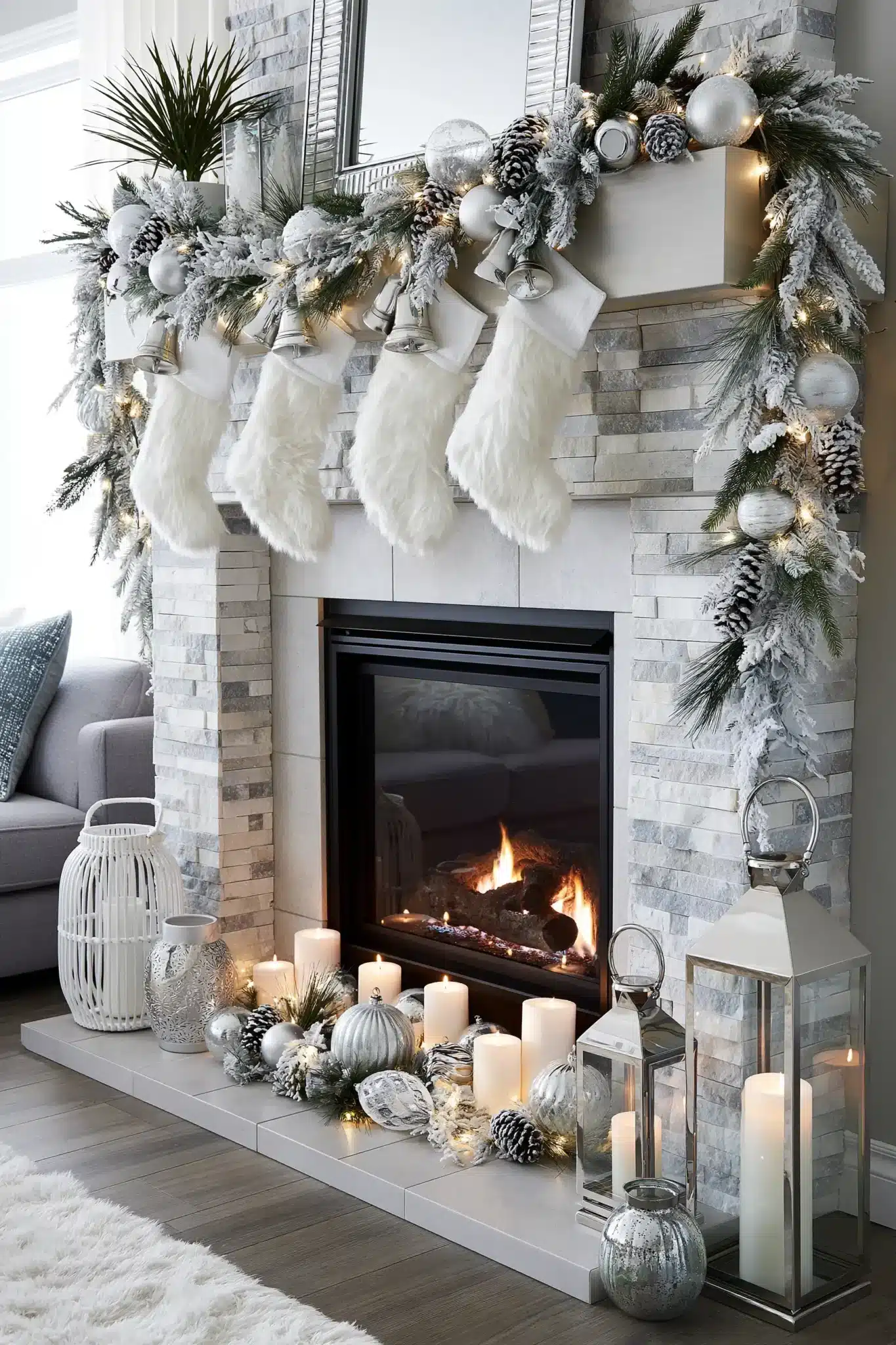A holiday fireplace with frosted garland, soft lights, and wintry decor.