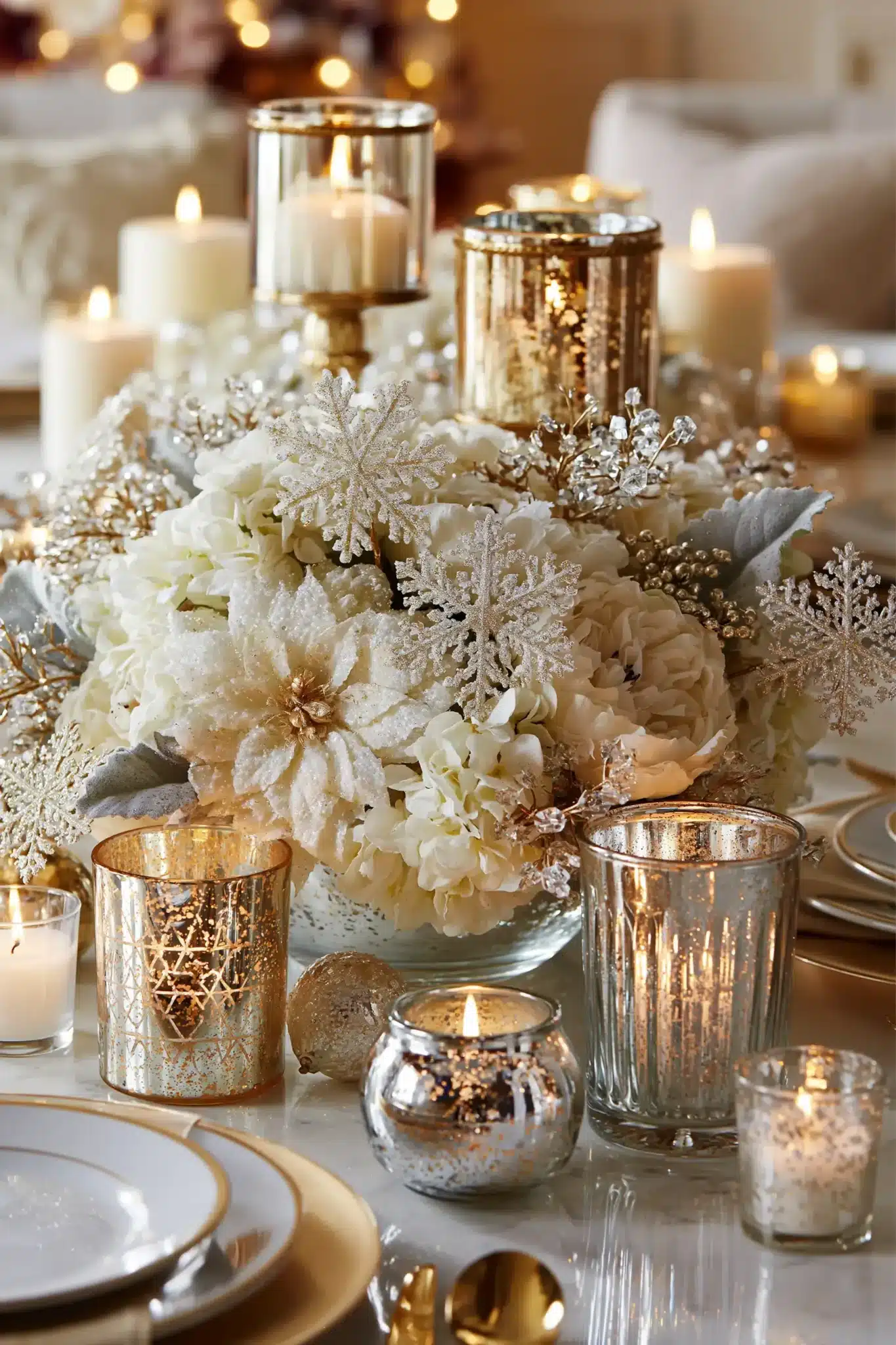 A snowflake-inspired Christmas centerpiece with white flowers, gold candleholders, and crystal accents.