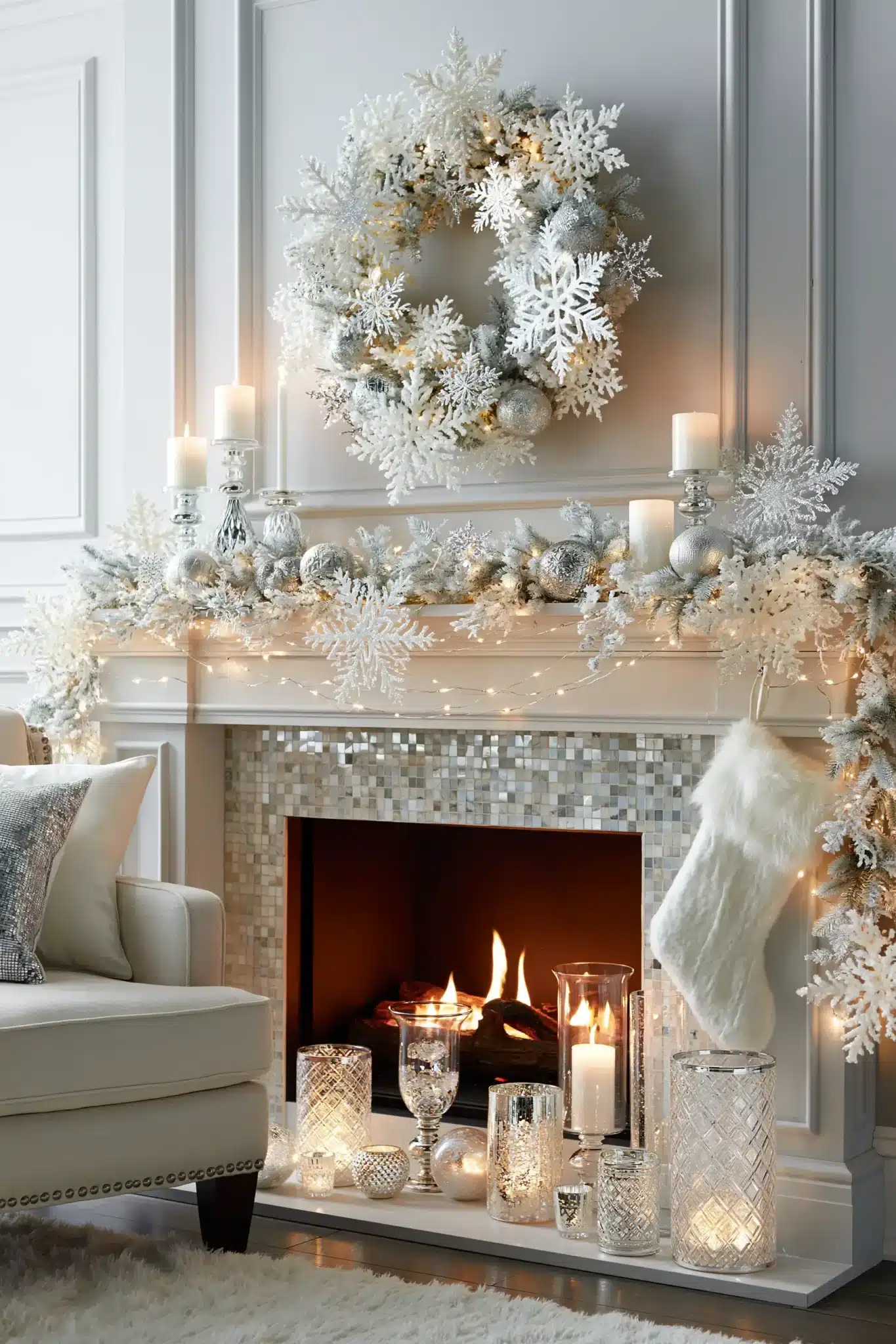 A sparkling winter fireplace with snowflake decor, frosted greenery, and candles.