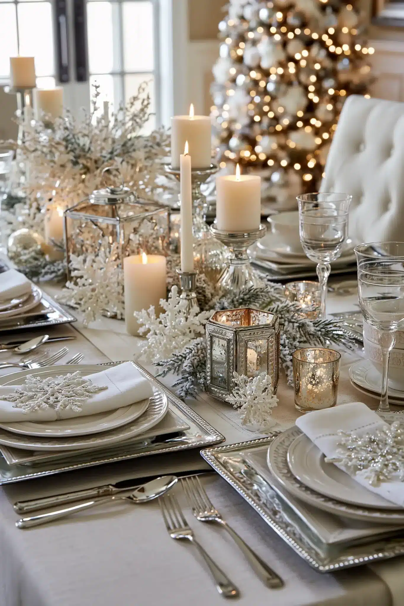 A snowflake-inspired Christmas table with white accents and silver details