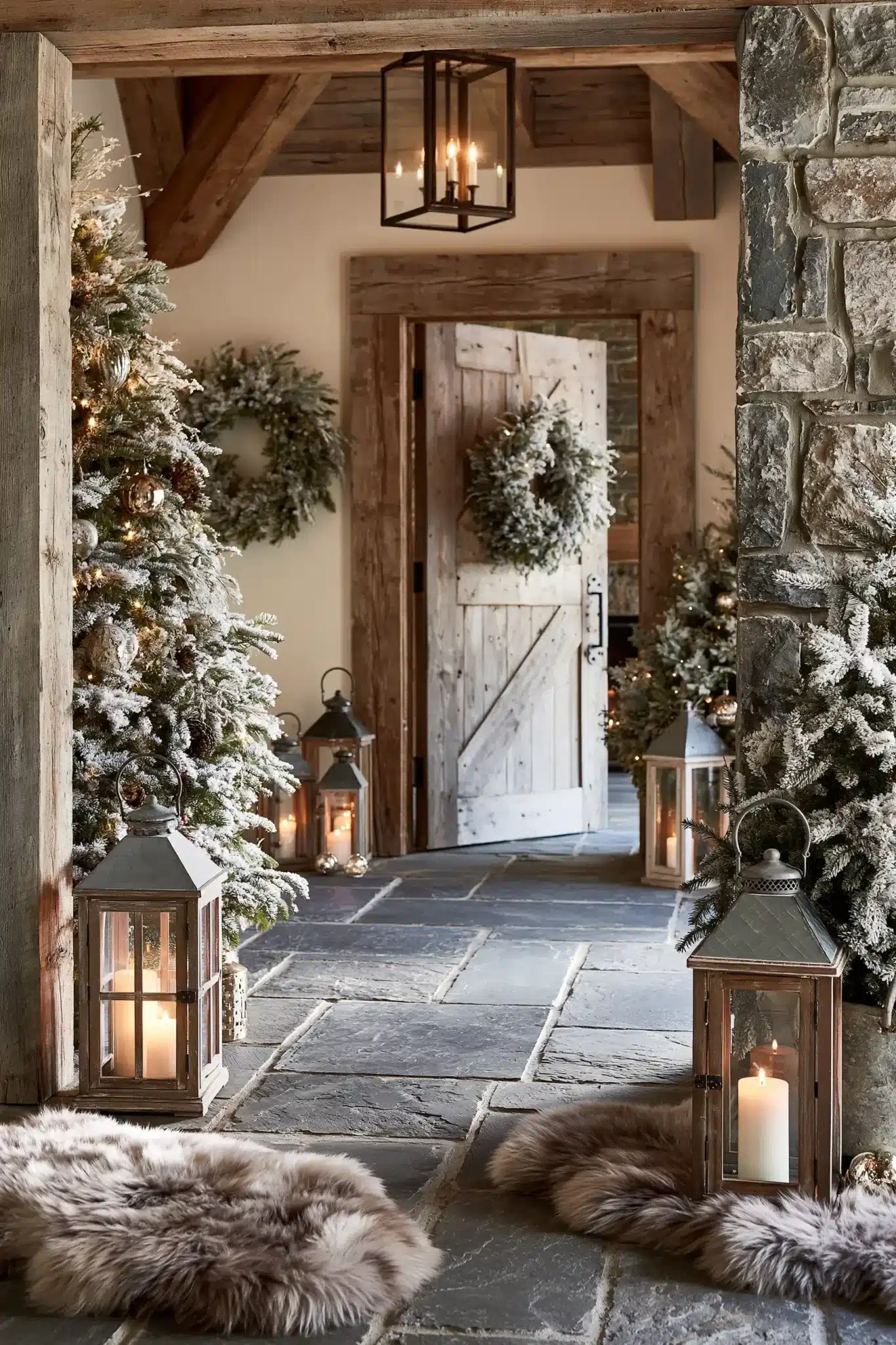 Alpine-style hallway with snowy Christmas decor, faux fur textures, and wood accents