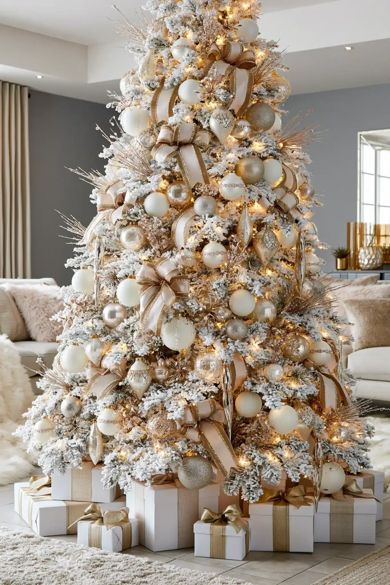 A frosted Christmas tree styled with white ornaments, champagne ribbon, and warm lights.
