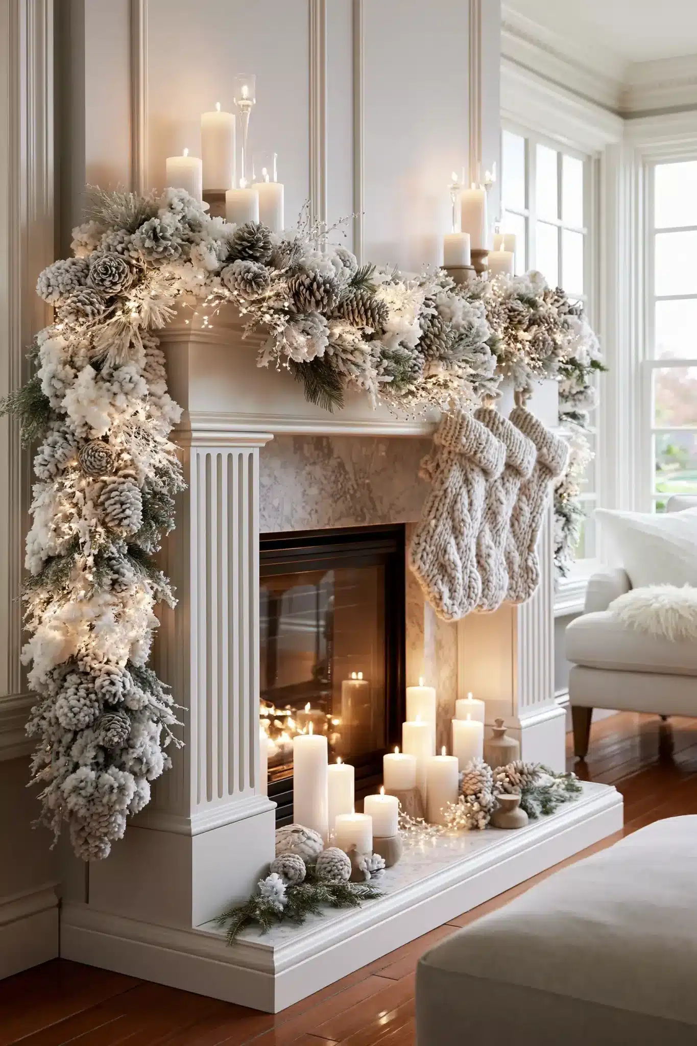 Snowy Christmas mantel decor with frosted garland, white candles, and pinecones