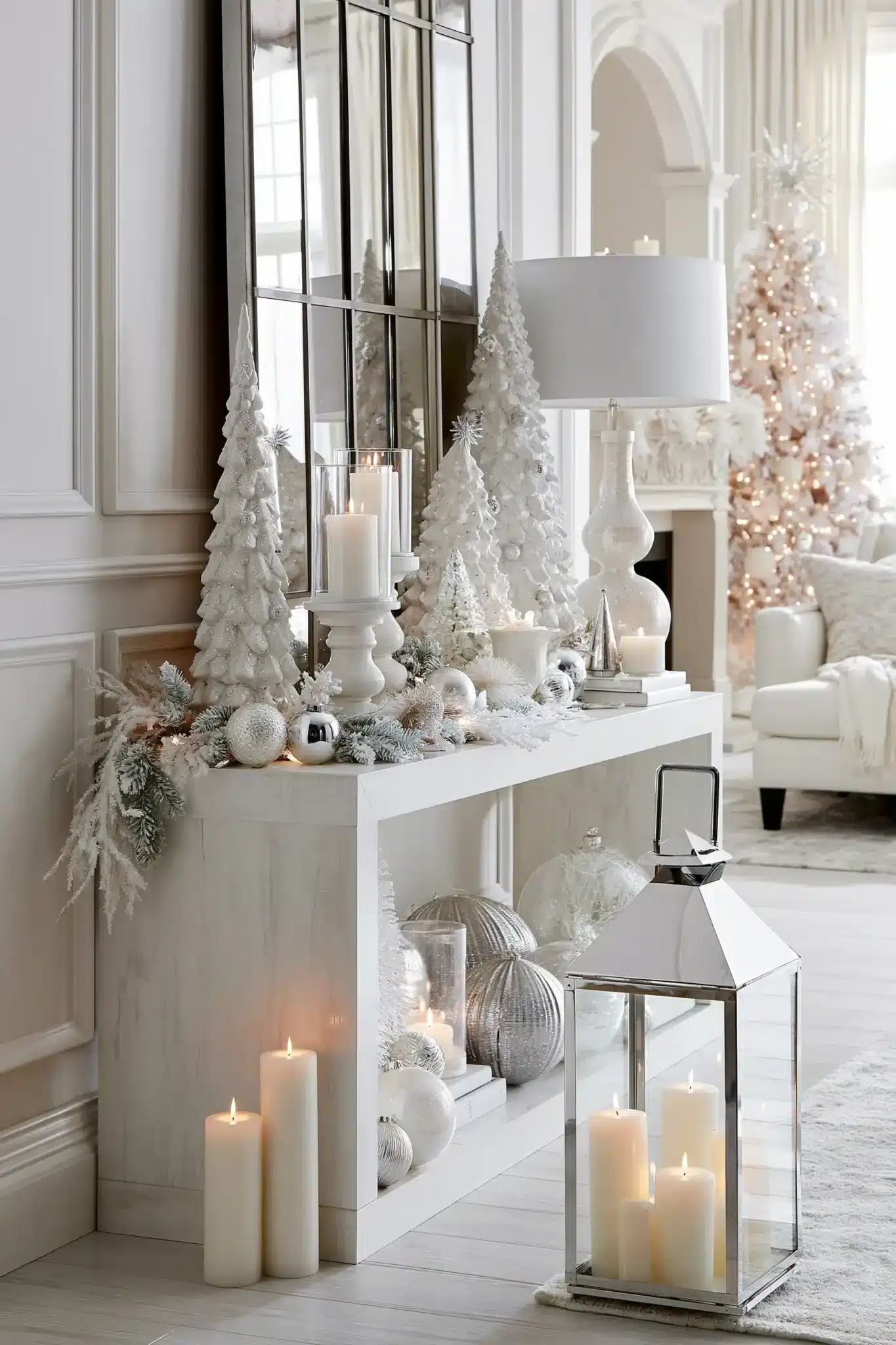Snowy white Christmas entryway table with candles, ceramic trees, and silver accents