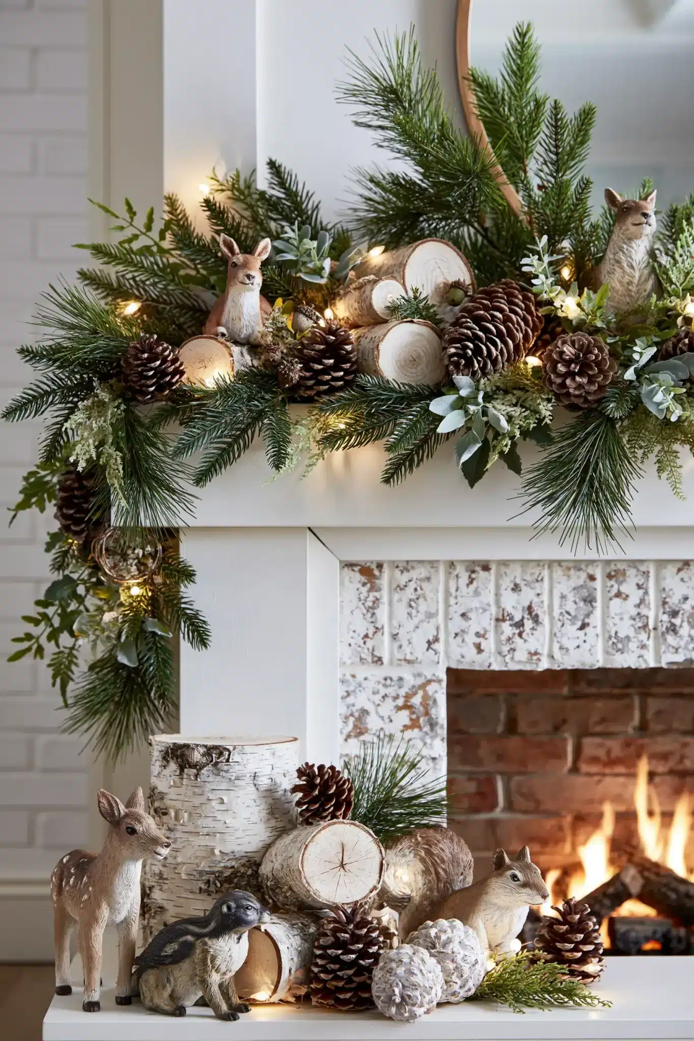 Winter forest Christmas mantel with birch, pinecones, and warm lights
