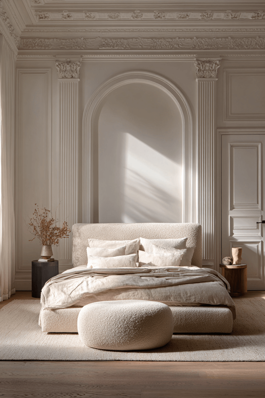 Warm beige bedroom with sculptural headboard, shaped lighting, and soft neutral layers