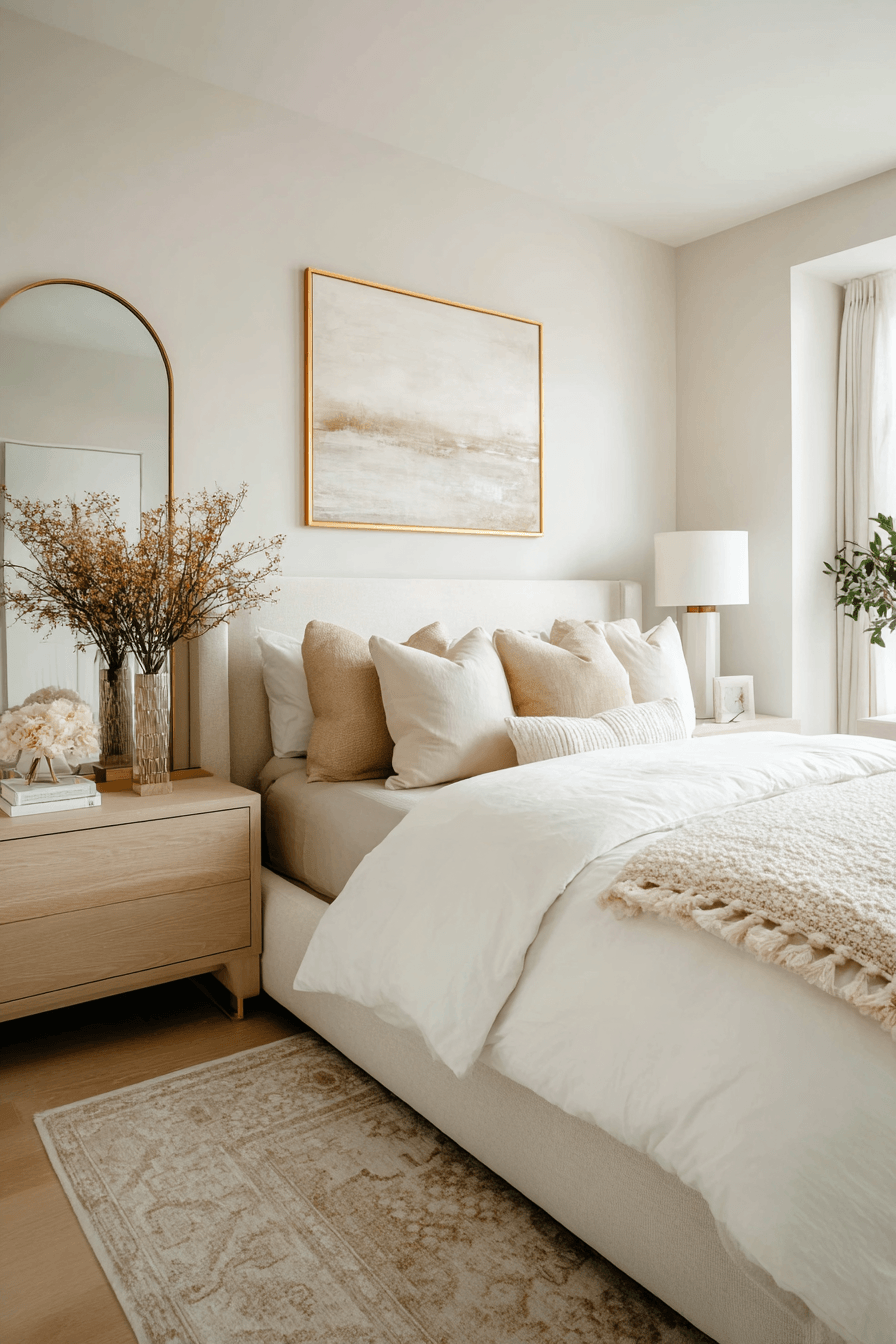 Elegant warm neutral bedroom with beige tones, tufted headboard, and velvet cushions