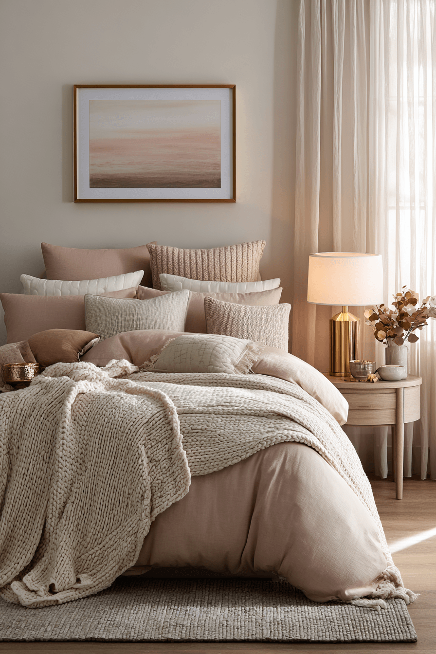 A cozy bedroom styled with dusky blush bedding, cream textures, and warm wood furniture.