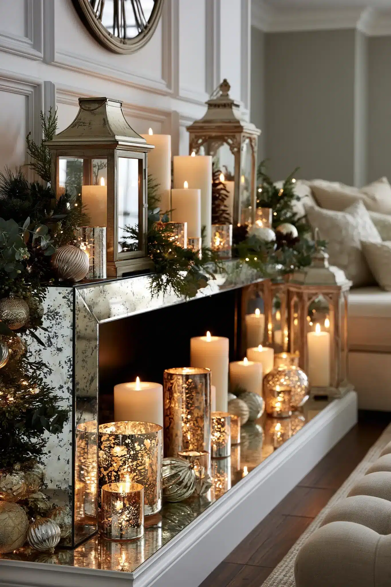Christmas mantel glowing with pillar candles, lanterns, and greenery