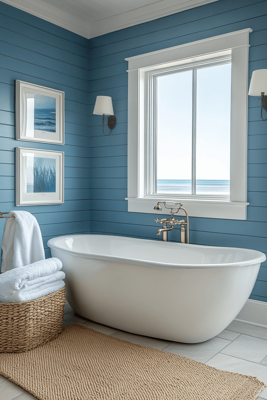 Coastal blue bathroom with white fixtures, light wood accents, and woven storage