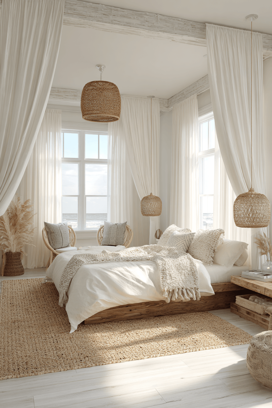 Beachy boho bedroom with sandy neutrals, pale wood furniture, linen bedding, and airy sheer curtains
