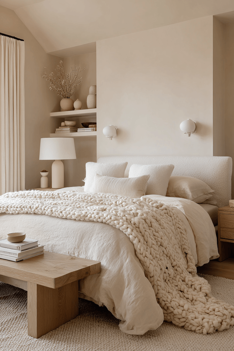 A soft cream bedroom with ivory bedding, light wood furniture, and gold accents