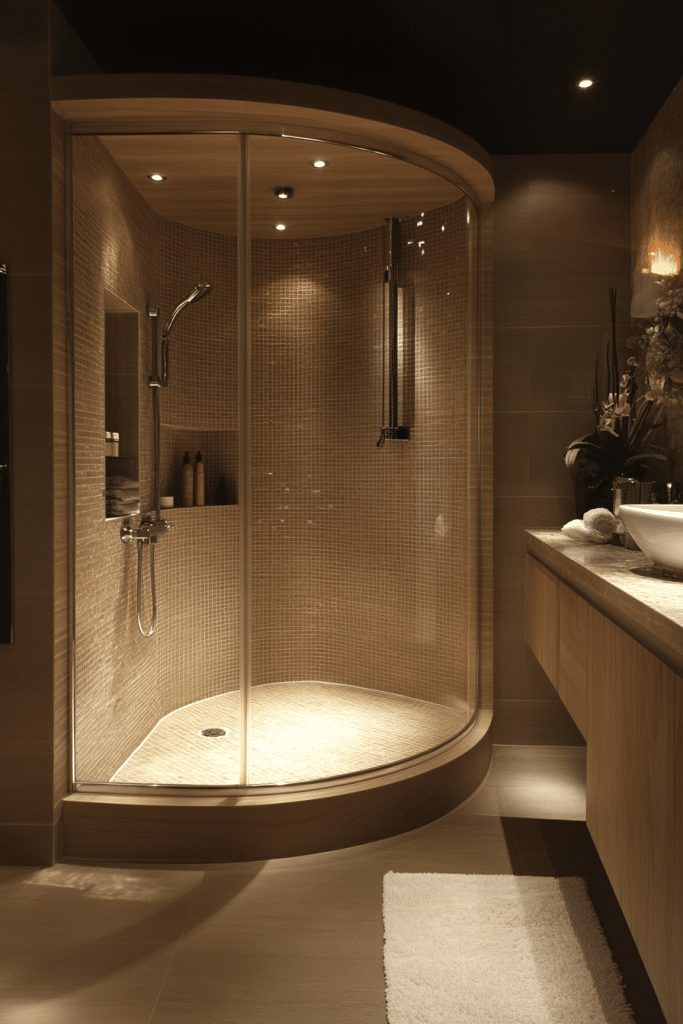 Walk-in shower with a curved partition in a small bathroom.