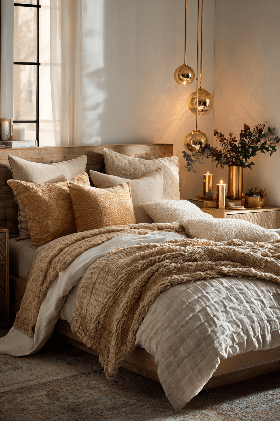 A cozy bedroom glowing with warm lamps, candles, and soft caramel bedding.