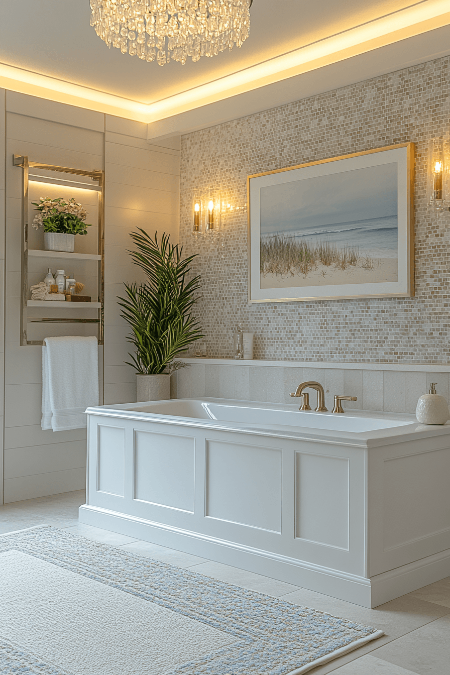 Modern coastal bathroom with soft glam touches and warm metallic finishes