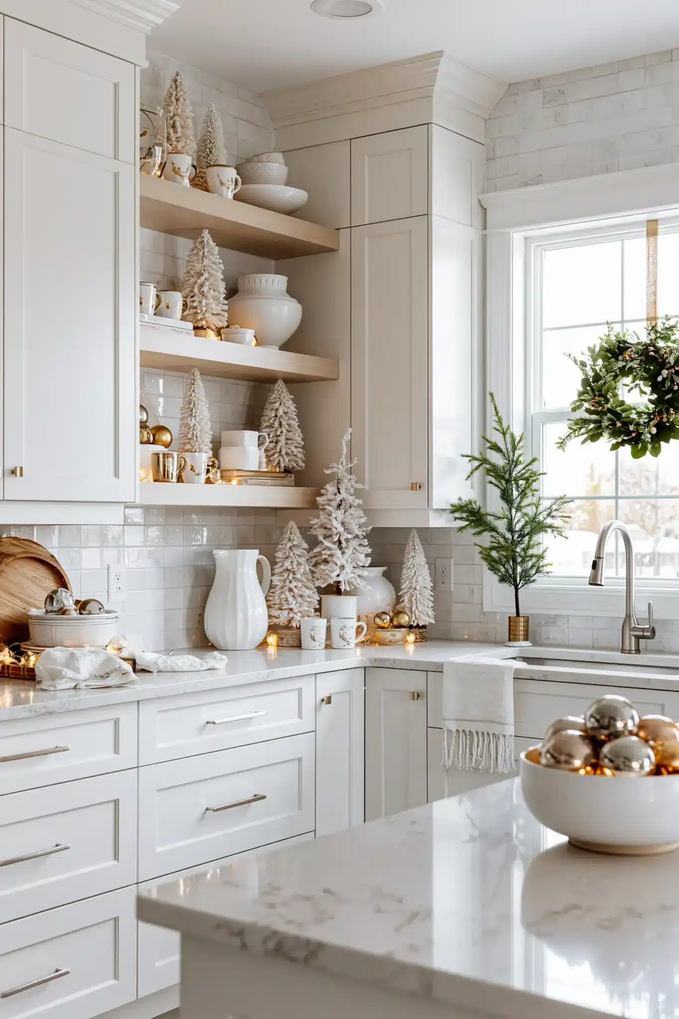 A kitchen decorated for Christmas with gold mini trees, white towels, festive mugs, and a small wreath.