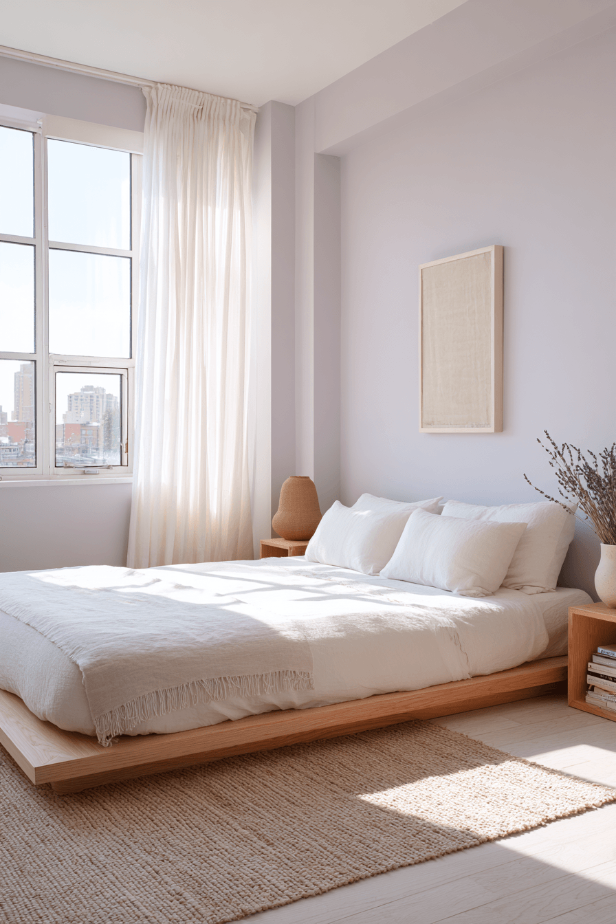 Minimal purple bedroom with lavender accents, white bedding, and light wood furniture