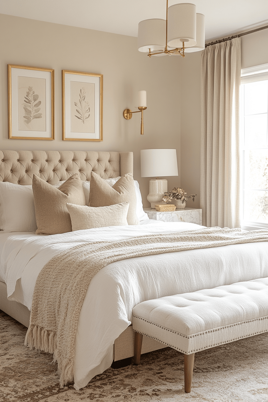 soft layered beige bedroom with luxe accents