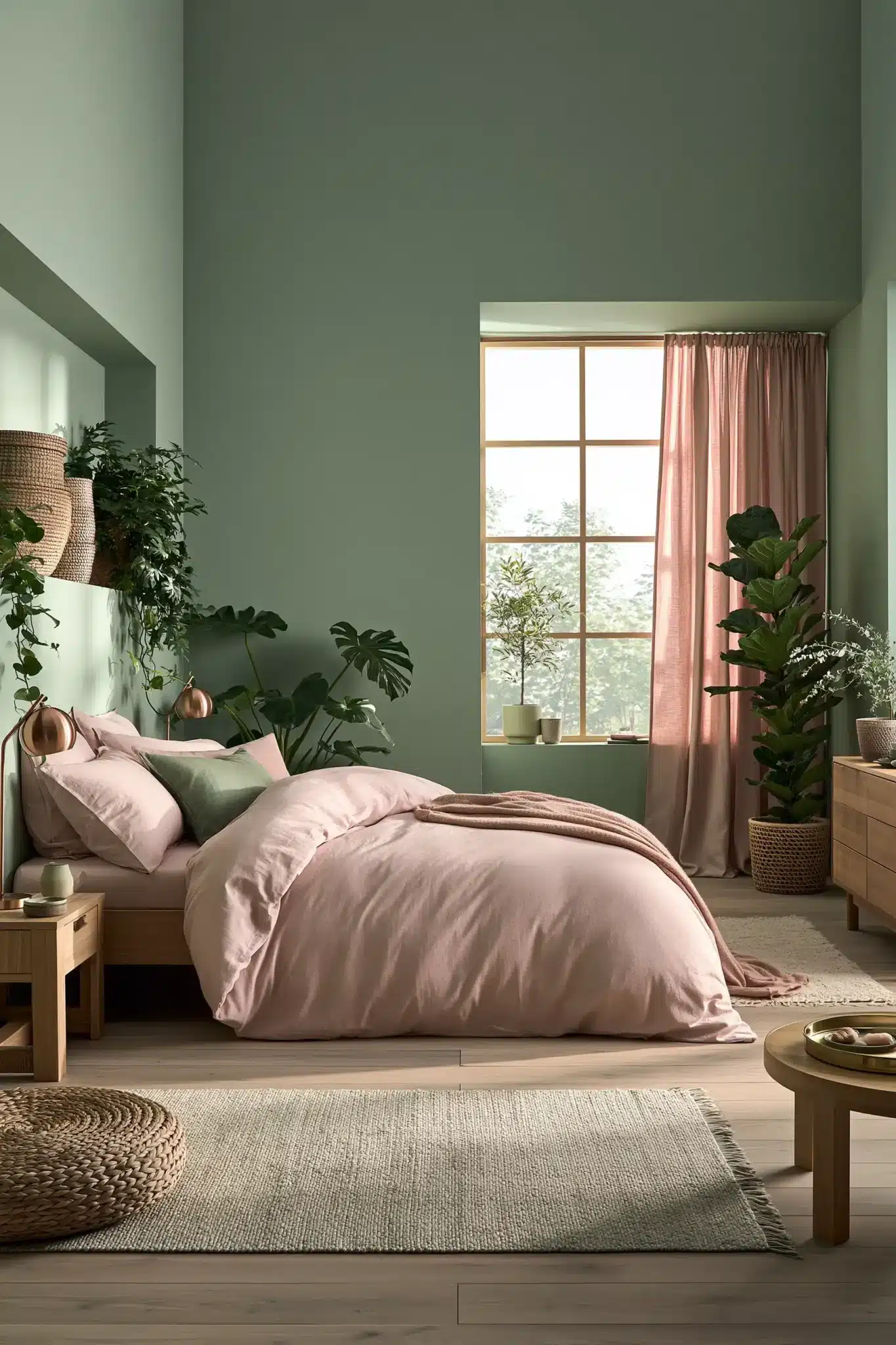 Sage green and blush bedroom styled with soft layers, woven accents, and coordinated decor.