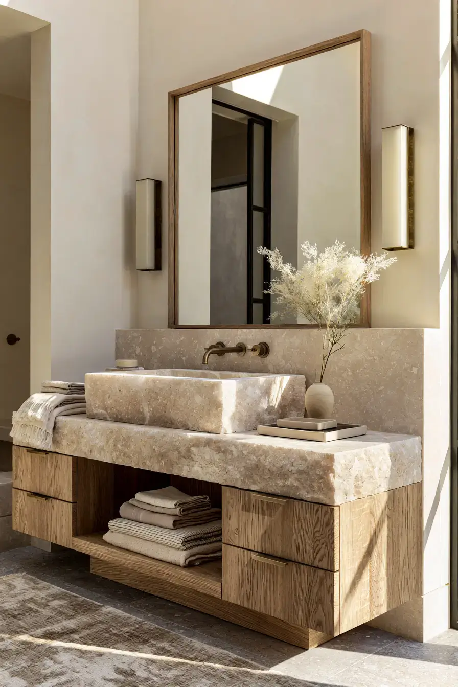 A soft limestone stone sink bathroom with brass accents and pale walls