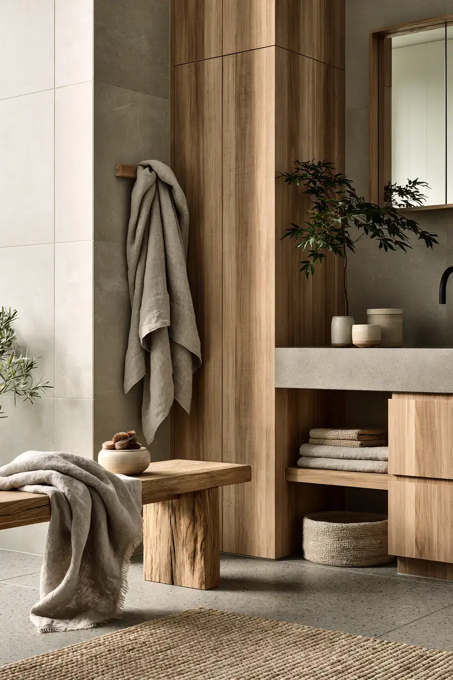 Japandi bathroom with layered linen textiles, wood accents, and handmade accessories
