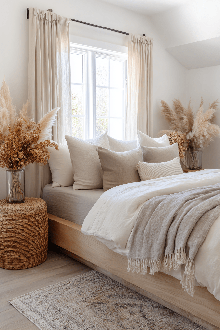 Neutral bedroom with linen bedding, seagrass rug, and soft woven natural details
