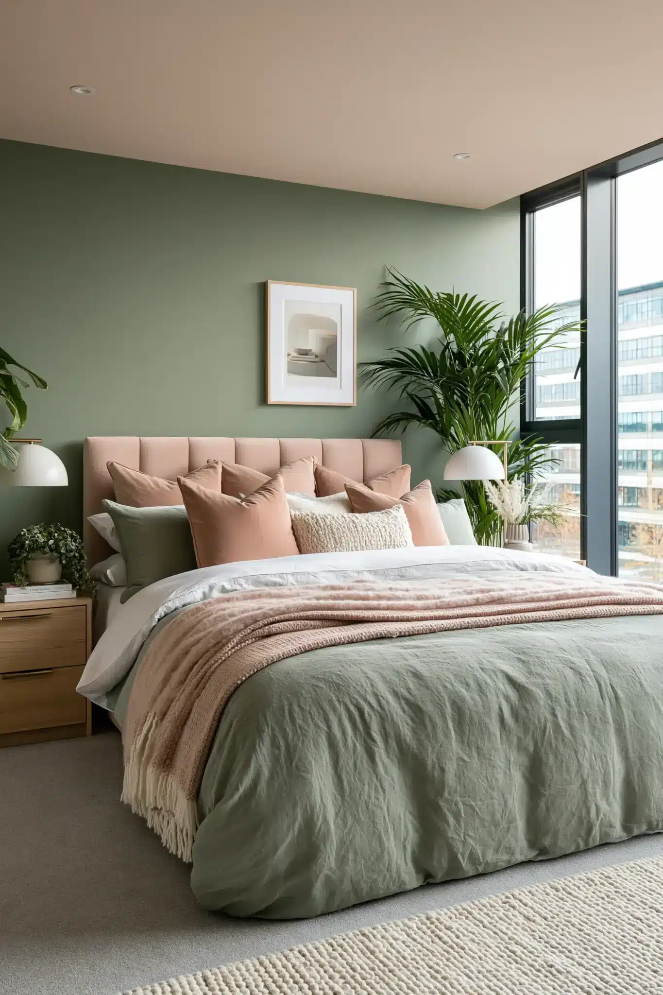 Luxurious sage green and blush bedroom with velvet pillows, knit throws, and wood accents.