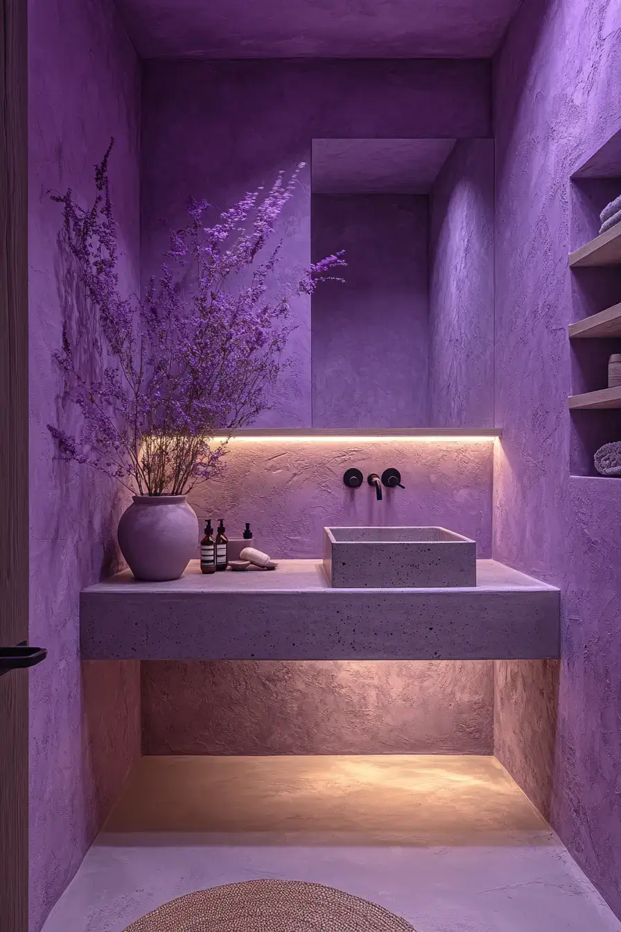 A minimal bathroom styled with soft mauve walls, pale stone, and light wood