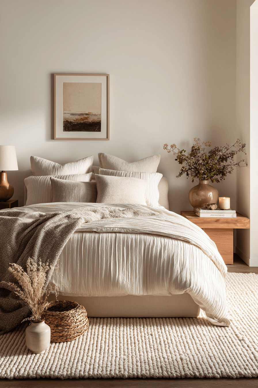 A soft minimal cozy bedroom with warm neutrals, plush bedding, and simple furniture.