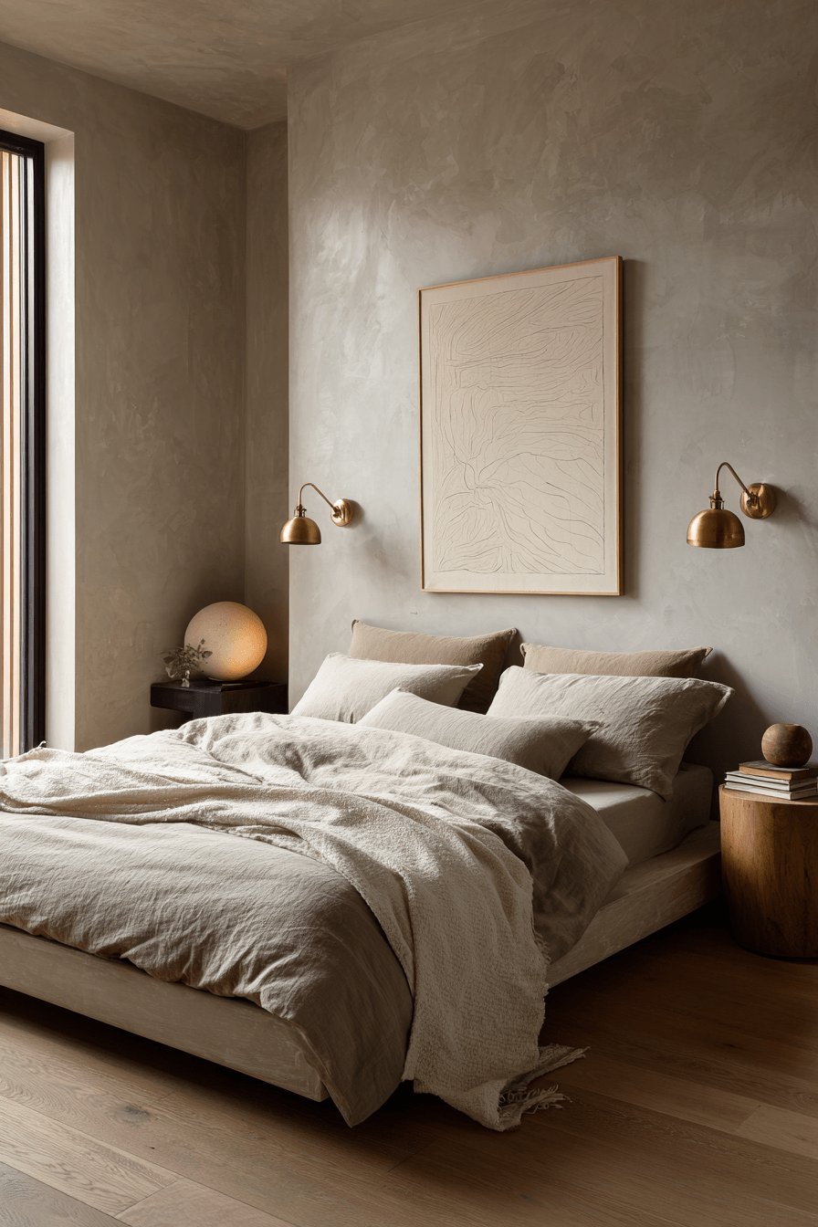 Soft modern warm minimalist bedroom with plaster walls and streamlined furniture