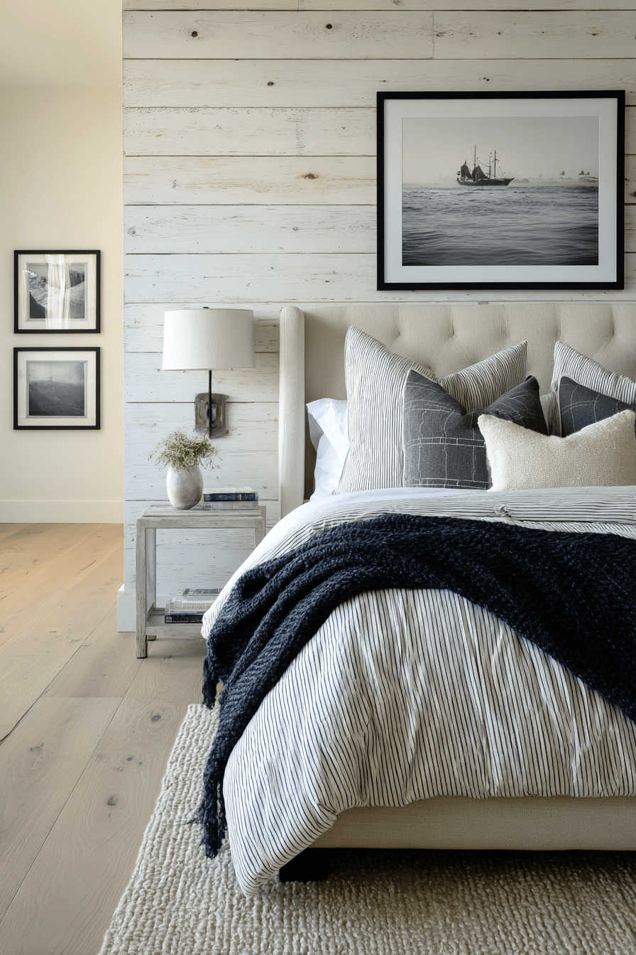 Soft nautical beach bedroom with warm neutrals, rope accents, and vintage map decor
