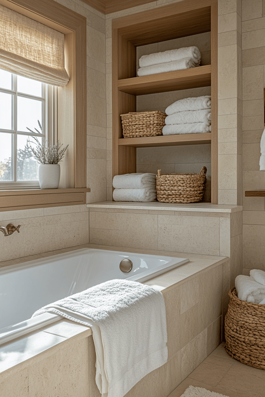 Soft neutral coastal bathroom with sandy walls, ivory tile, and calming textures
