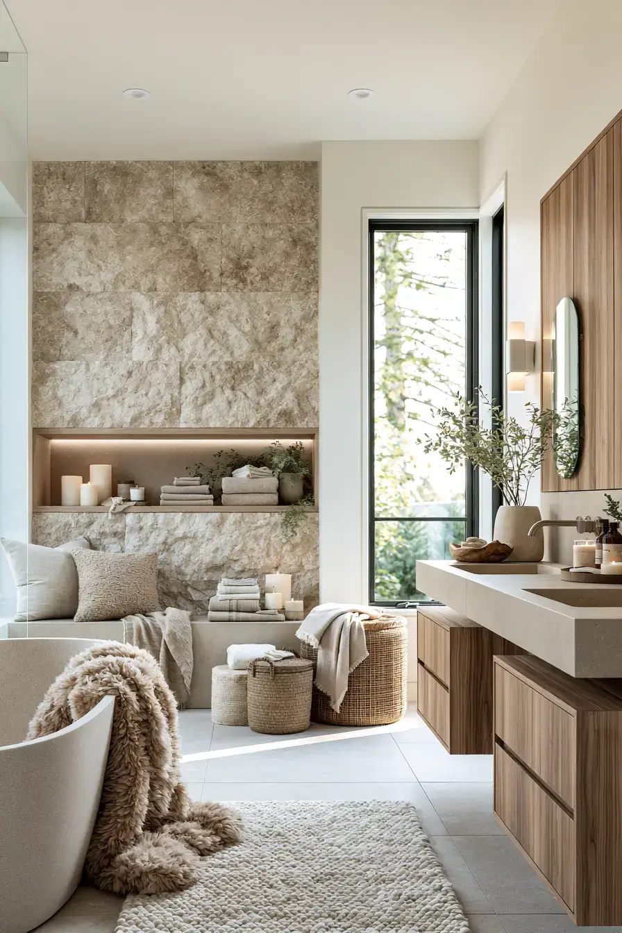Soft neutral natural stone bathroom with warm wood and spa-like details