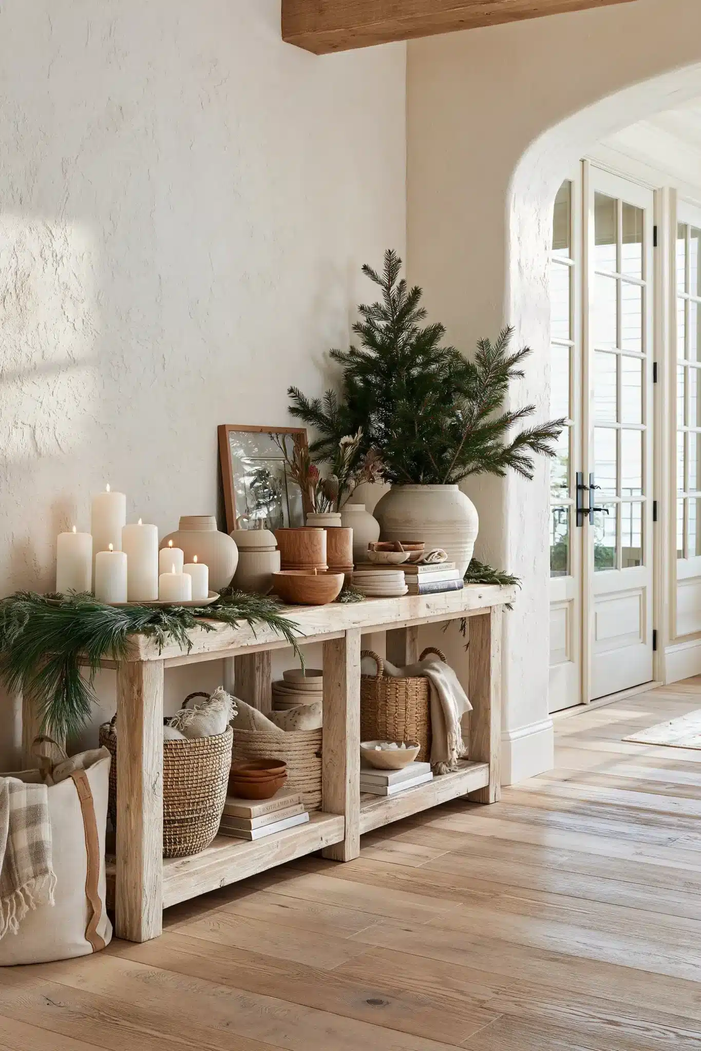 Neutral Christmas entryway table decorated with cream tones, wood accents, and simple greenery