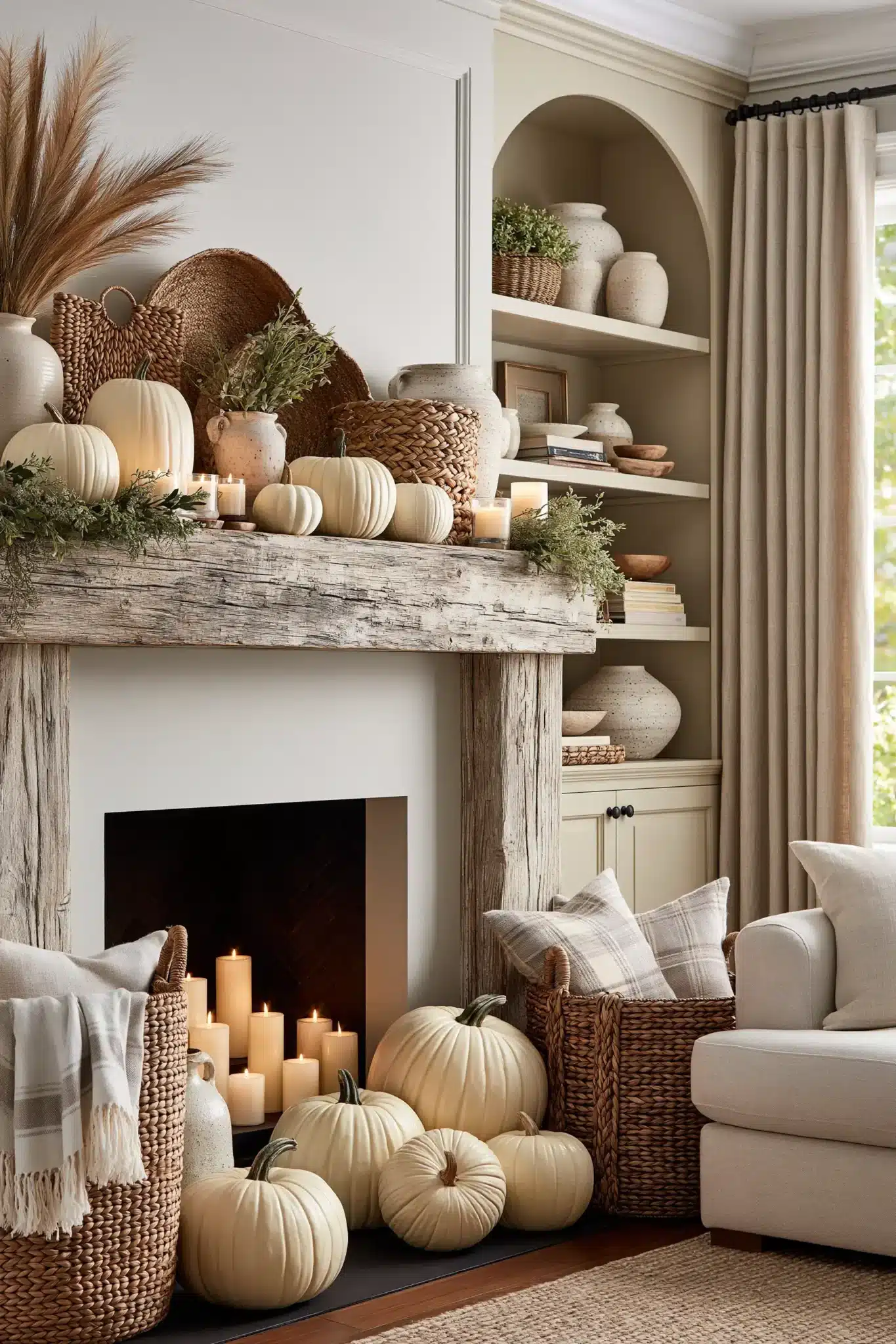 Rustic neutral Thanksgiving mantel with cream colors, wood, woven textures, and candles.